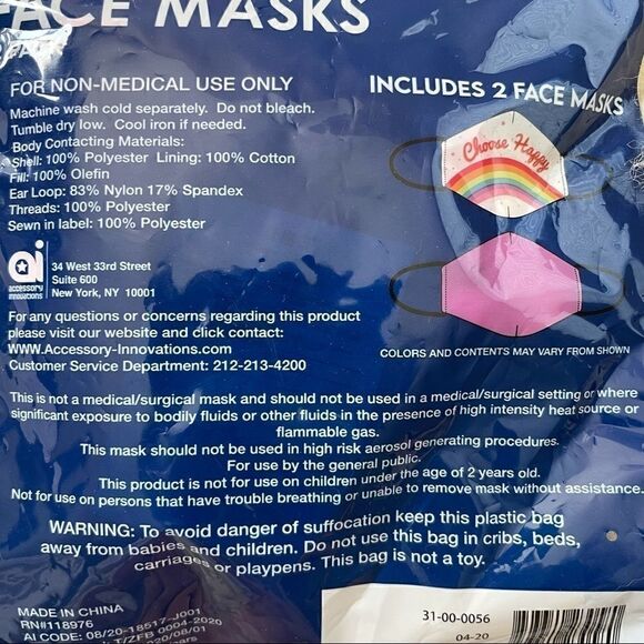 3 for $15 || Set of 2 Girl’s Fashion Face Masks Rainbow/ Pink NWT - Picture 2 of 2